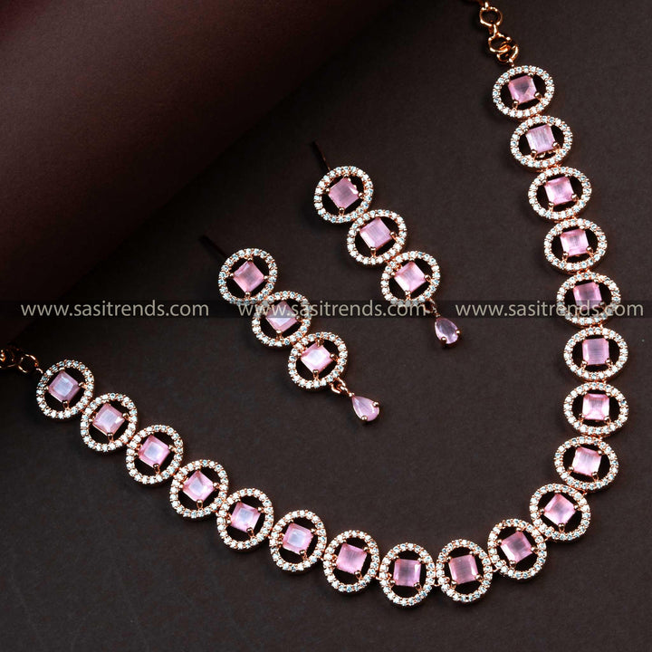 Exquisite Rose Gold Plated American Diamond Party Jewellery Set - Latest Design for Online Shopping | Sasitrends