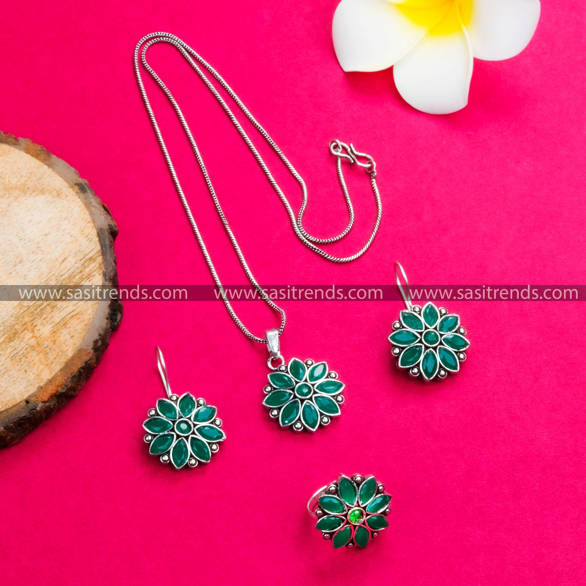 Green Stone Flower Pendant Necklace - Oxidised German Silver Jewelry Set for Parties and Traditional Outfits