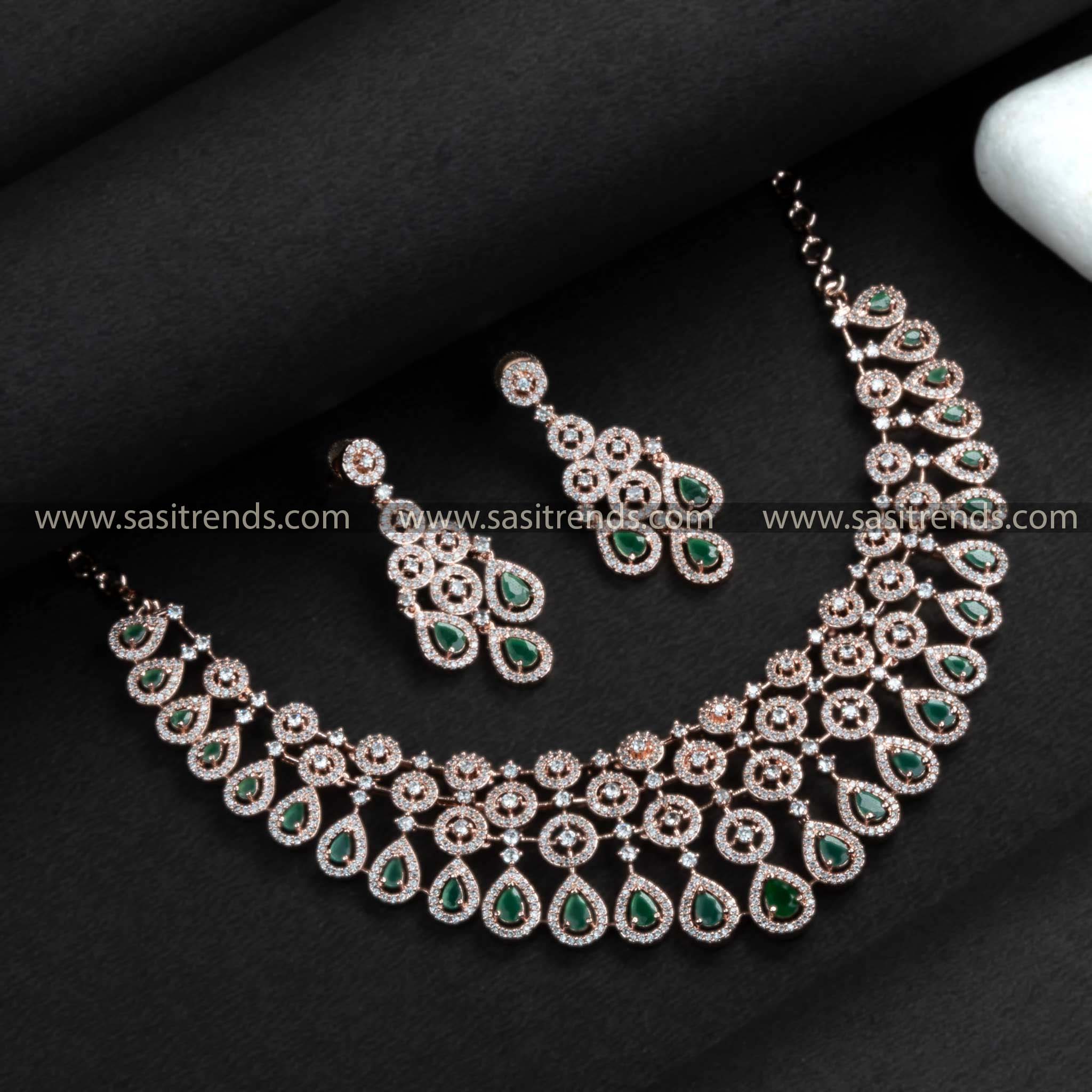 Graceful Rose Gold Plated Green American Diamond Stone Studded Necklace