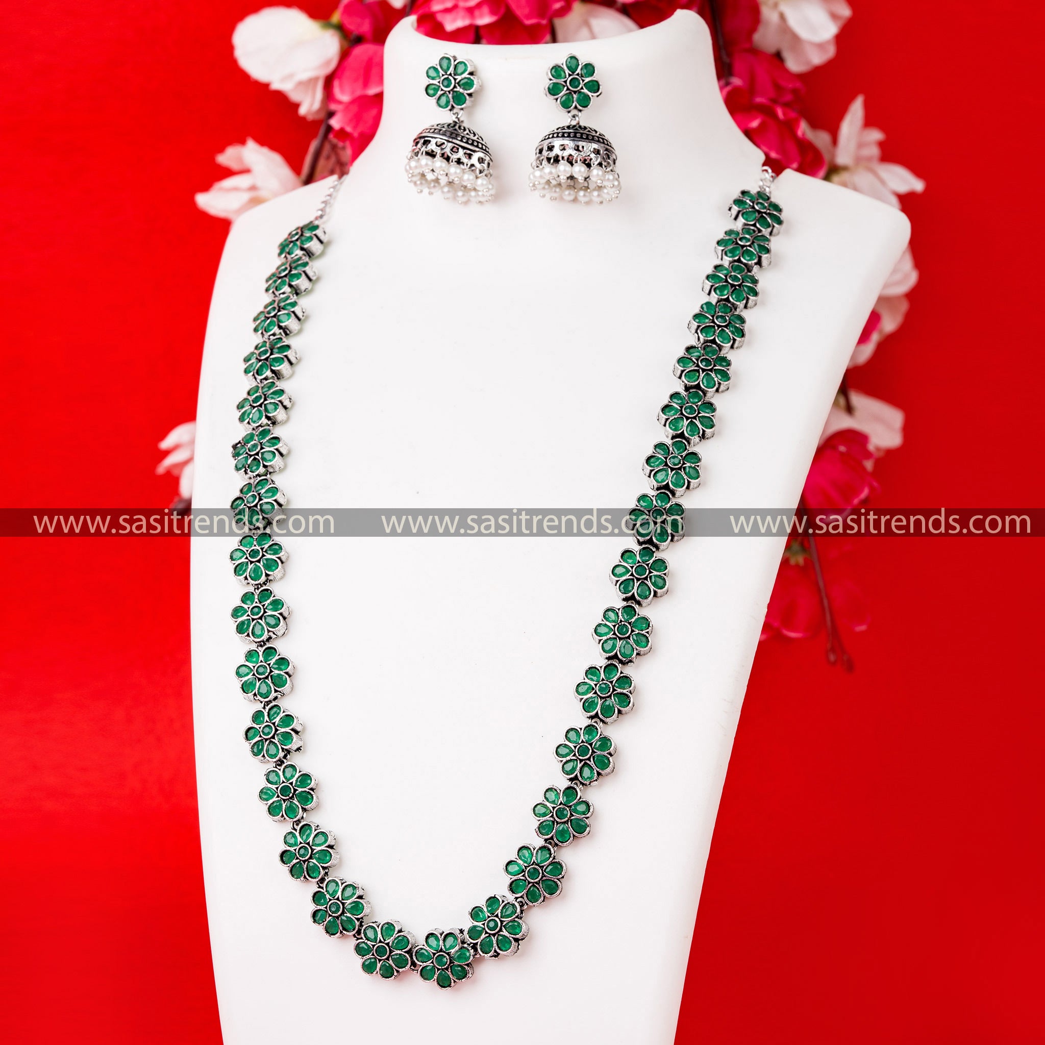  Green Stone Floral Necklace Set - Trendy Party Wear Oxidised German Silver Jewelry with Floral Motifs 