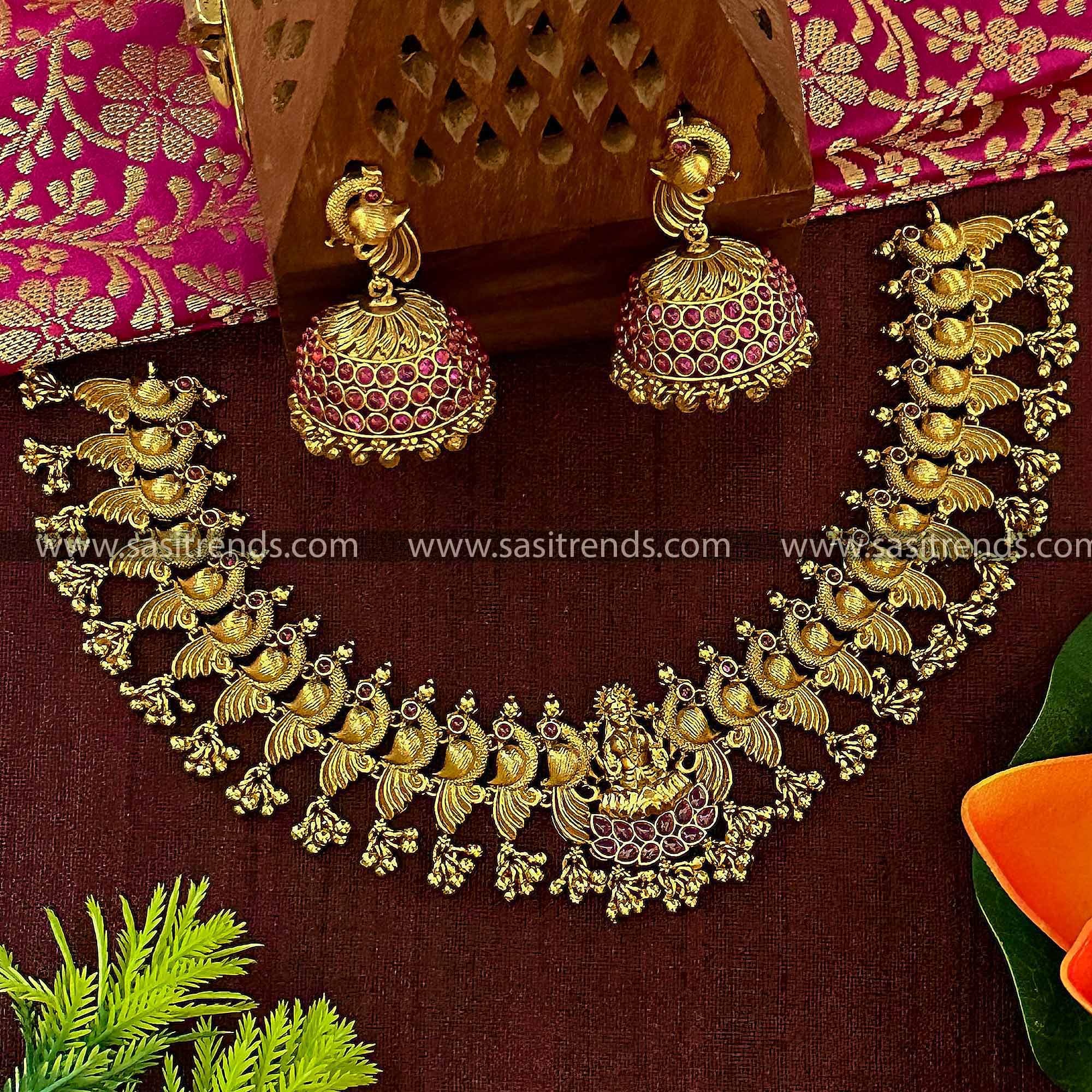 Matte Gold Lakshmi Peacock Necklace Set with Jhumkas - Traditional Bridal Jewelry for Women