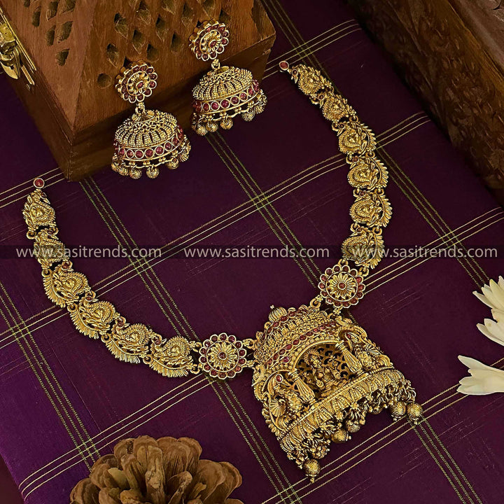 Grand Bridal Wear Temple Matte Gold Finish Lakshmi and Peacock Choker Jewellery Set | Sasitrends