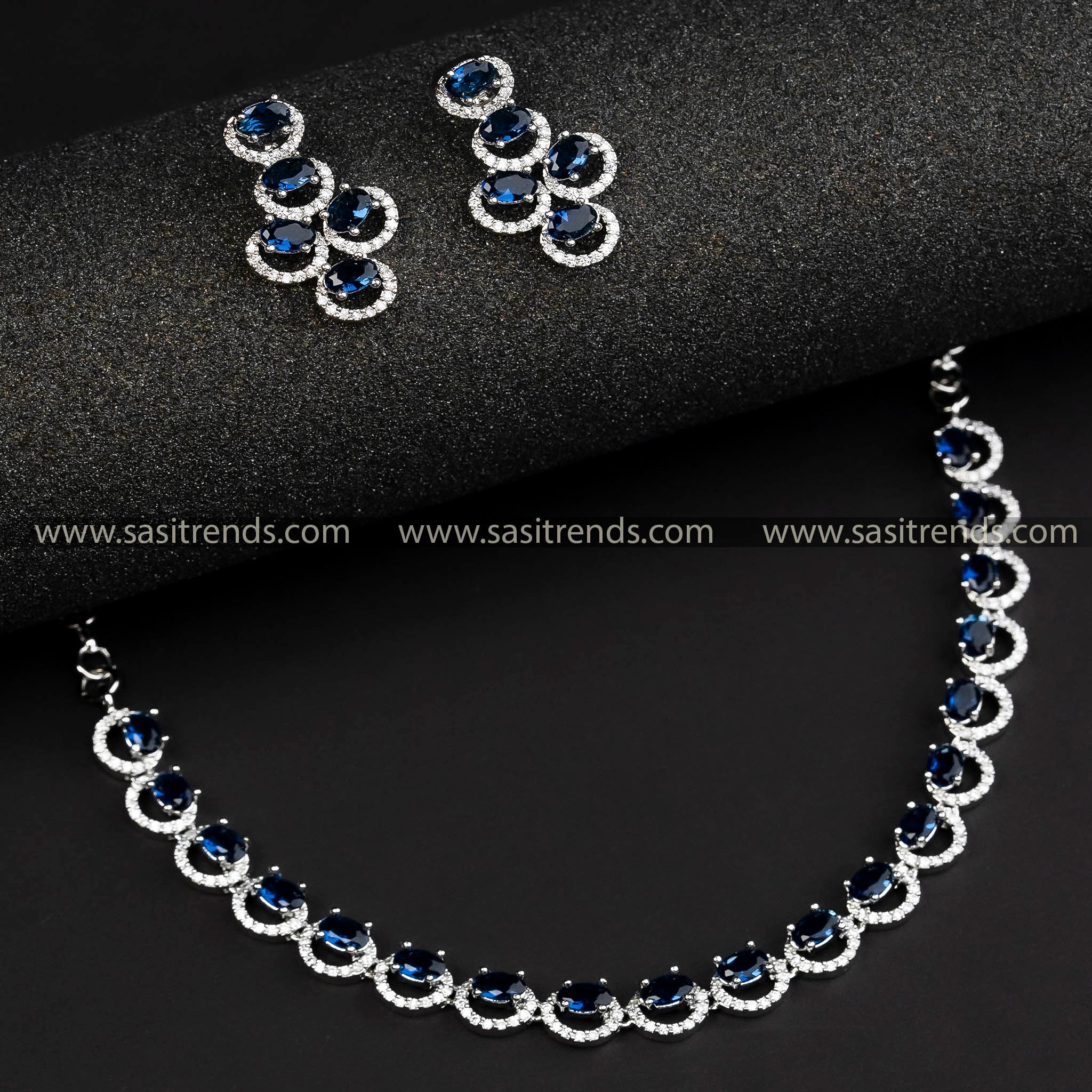 Rhodium Silver Plated AD Necklace with Stunning Blue Stones - Latest Collection