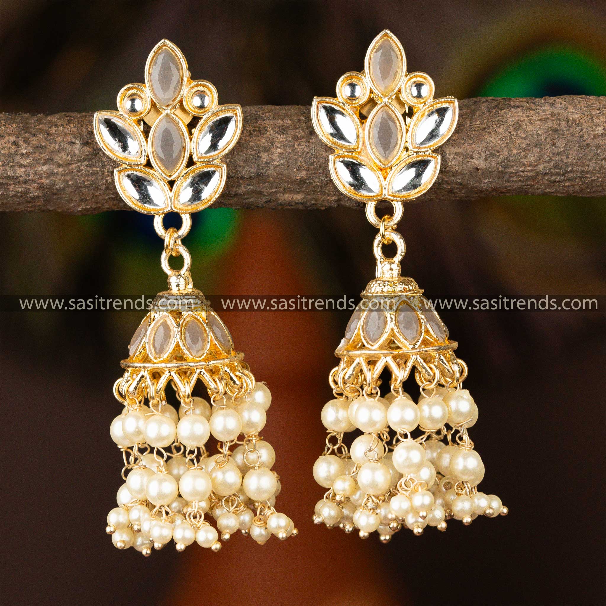 Gray and White Gold Plated Kundan Jhumka Pearl Earrings Sasitrends Online