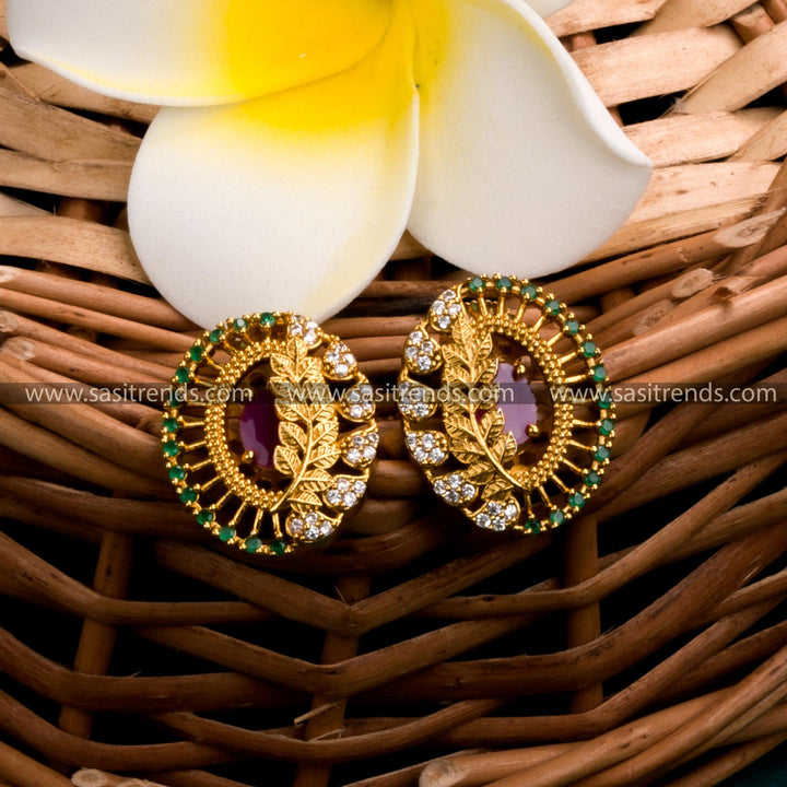 Oval-shaped Temple Gold Tone Leaf Earrings with Green AD Stones for Women