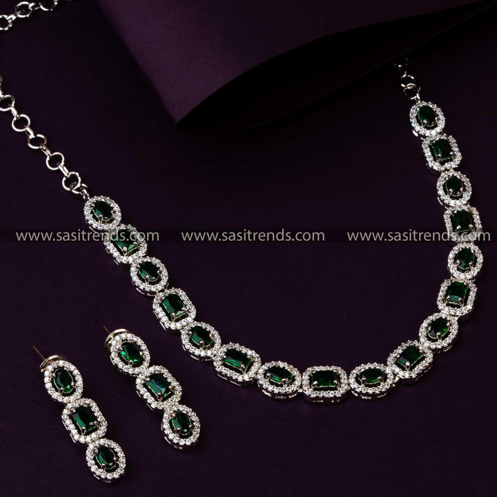 Rich Party Wear Jewellery Set with Rhodium Silver Plating & American Diamond Stones | Sasitrends