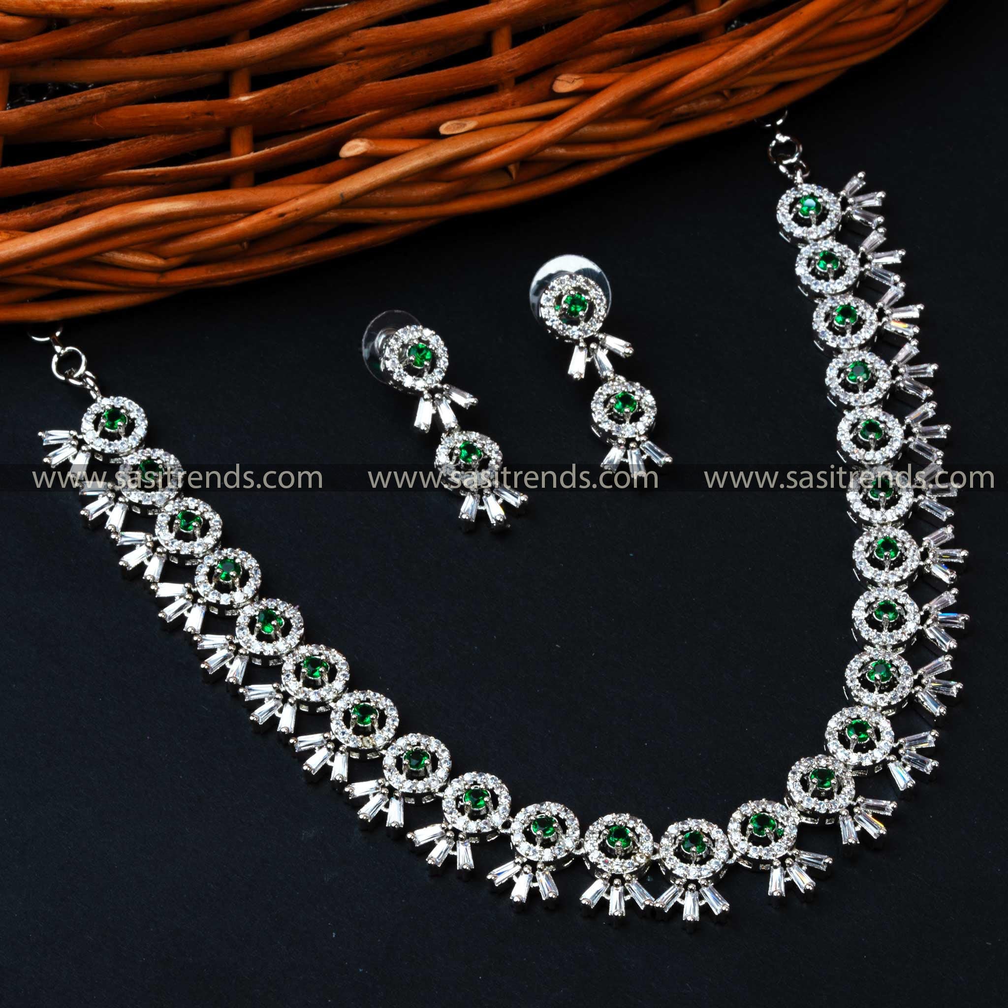 Latest Green Stone Necklace Set - Trending Rhodium Silver Plated Jewelry with AD Stones