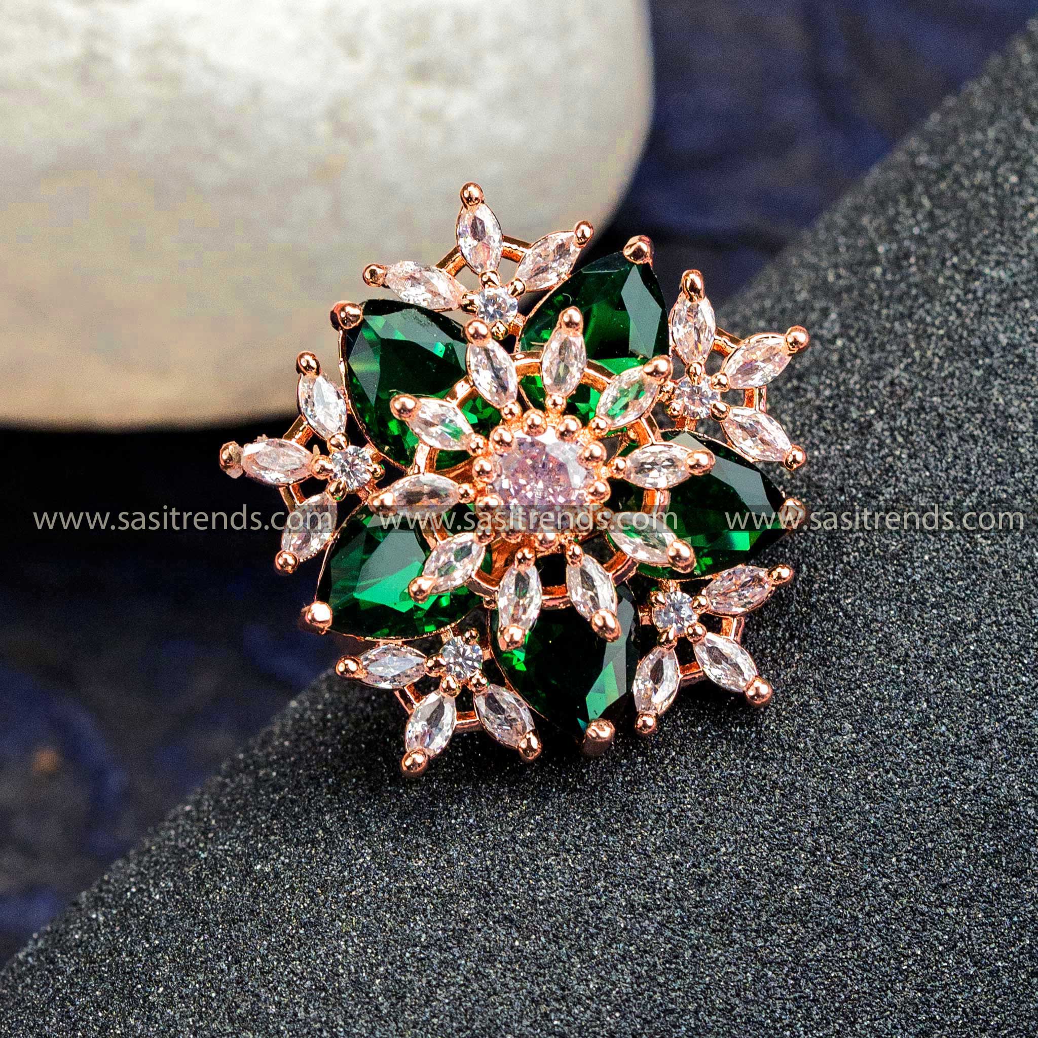 Rose Gold Plated Floral Ring with American Diamonds in Stunning Green - Perfect for Trendy Party Wear