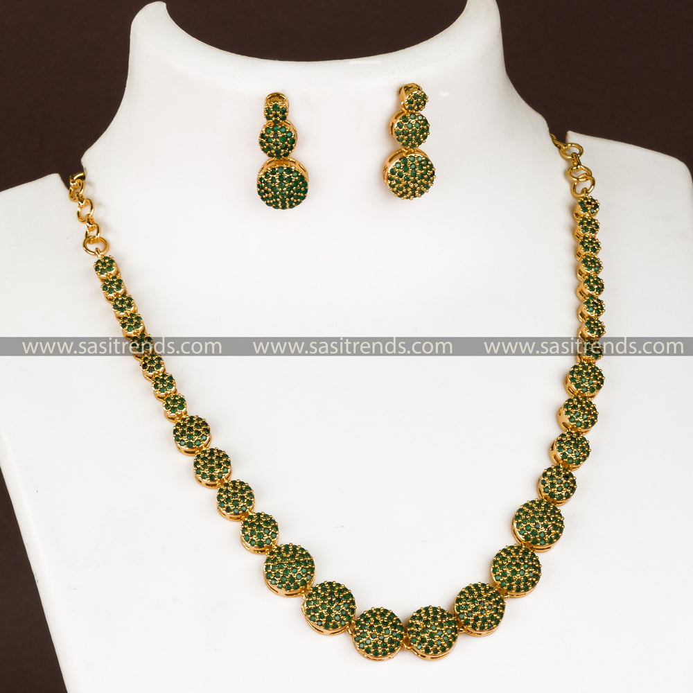 Glamorous Micro Gold Plated AD Necklace with Earrings, Green American Diamond Stones, Green Gemstone Jewelry Set 