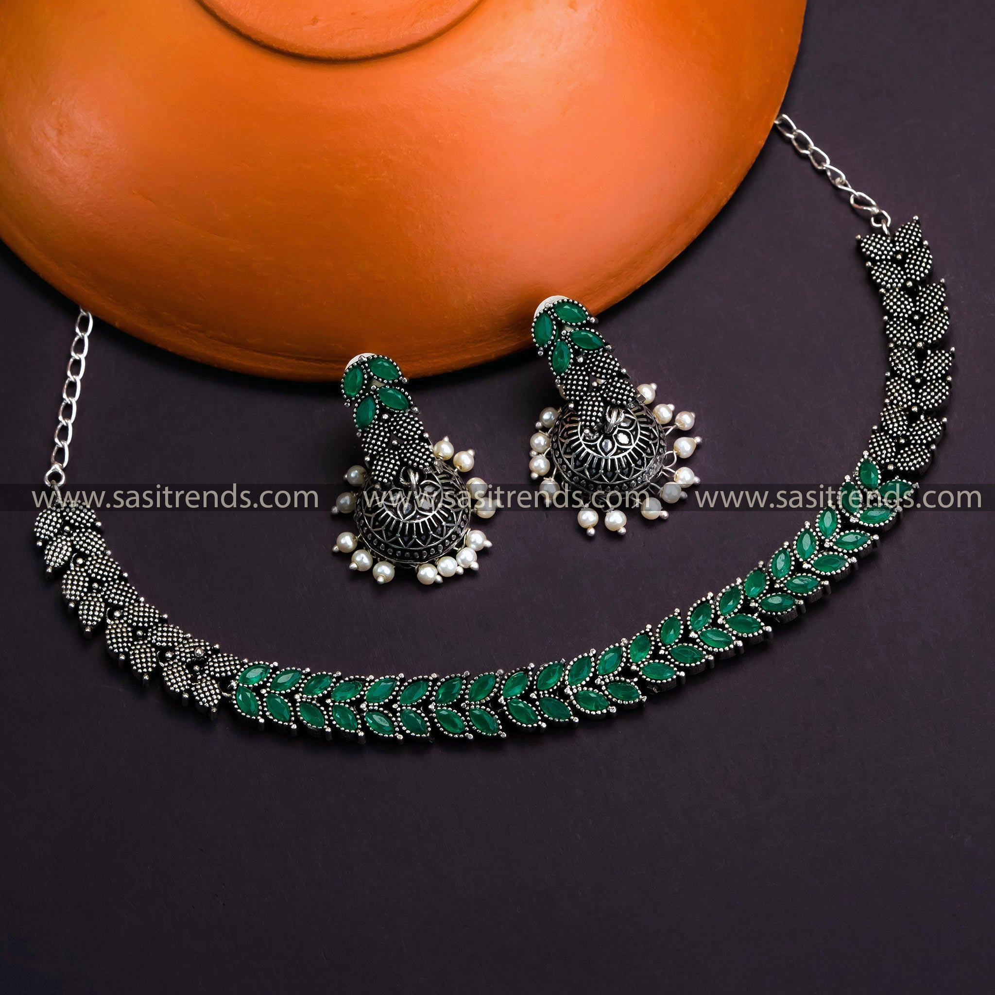 Oxidized German Silver Leaf Necklace with Jhumkas & Green Stones - Timeless Beauty for Online Shopping