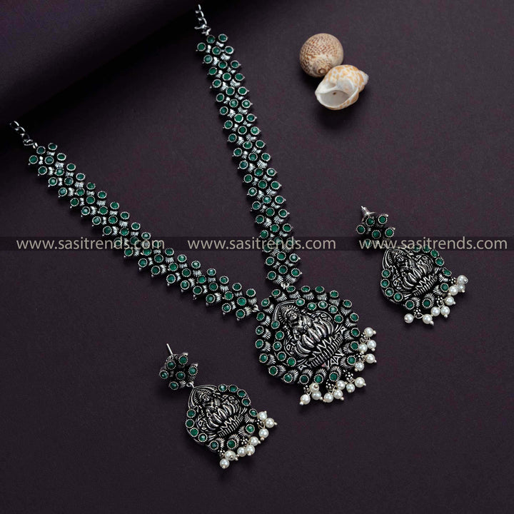 Traditional Lakshmi Oxidized German Silver Necklace with Green Stones - Symbolizing Elegance for Traditional Parties