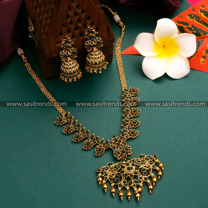 Temple Matt Gold Plated Green Stones Budget Friendly jewellery Set