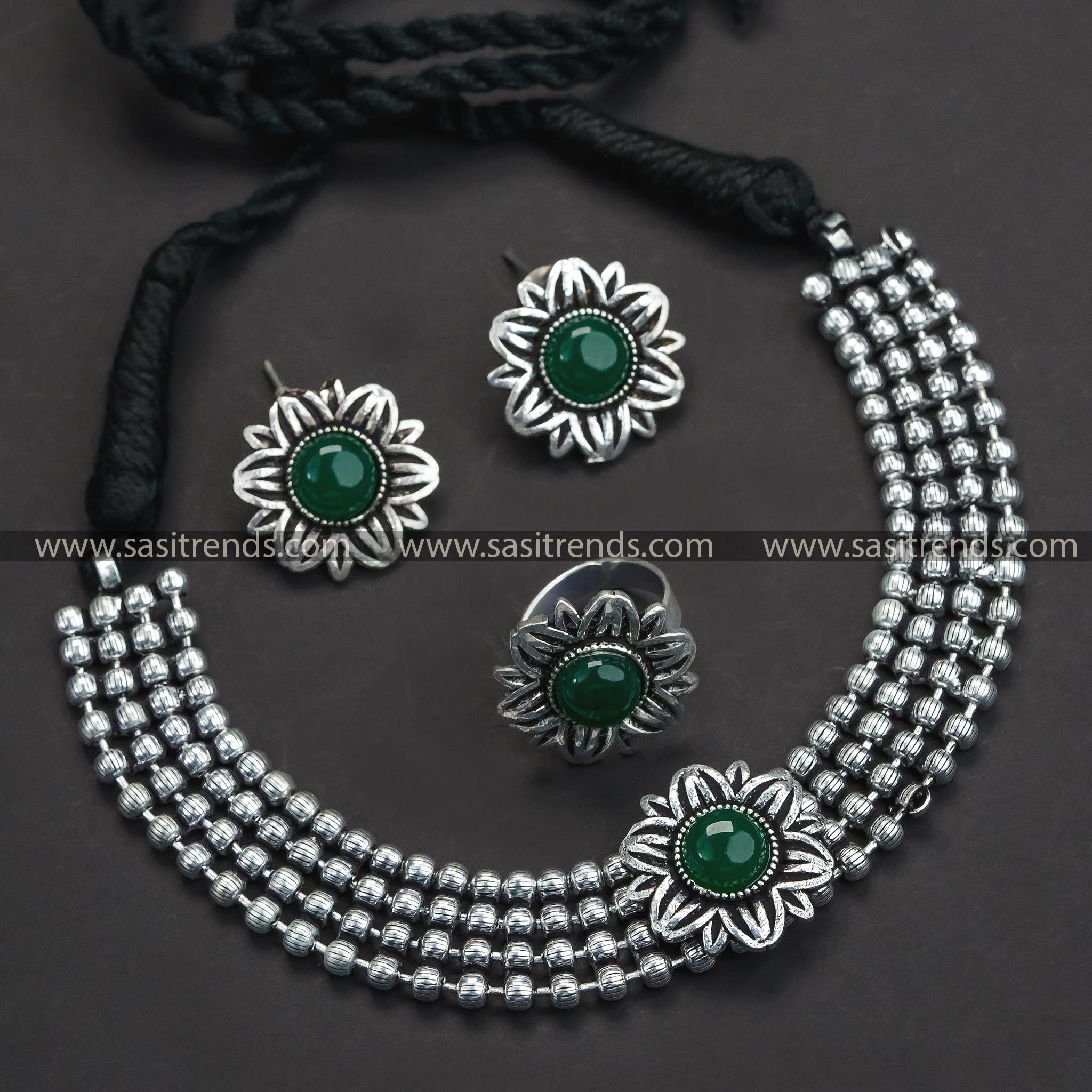 Graceful Green Stone Floral Choker Necklace - Oxidized German Silver Jewelry Combo Set