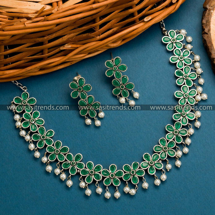 Explore Our New Collection: Oxidized German Silver Floral Necklace Set with Green Stones - Timeless Traditional Charm