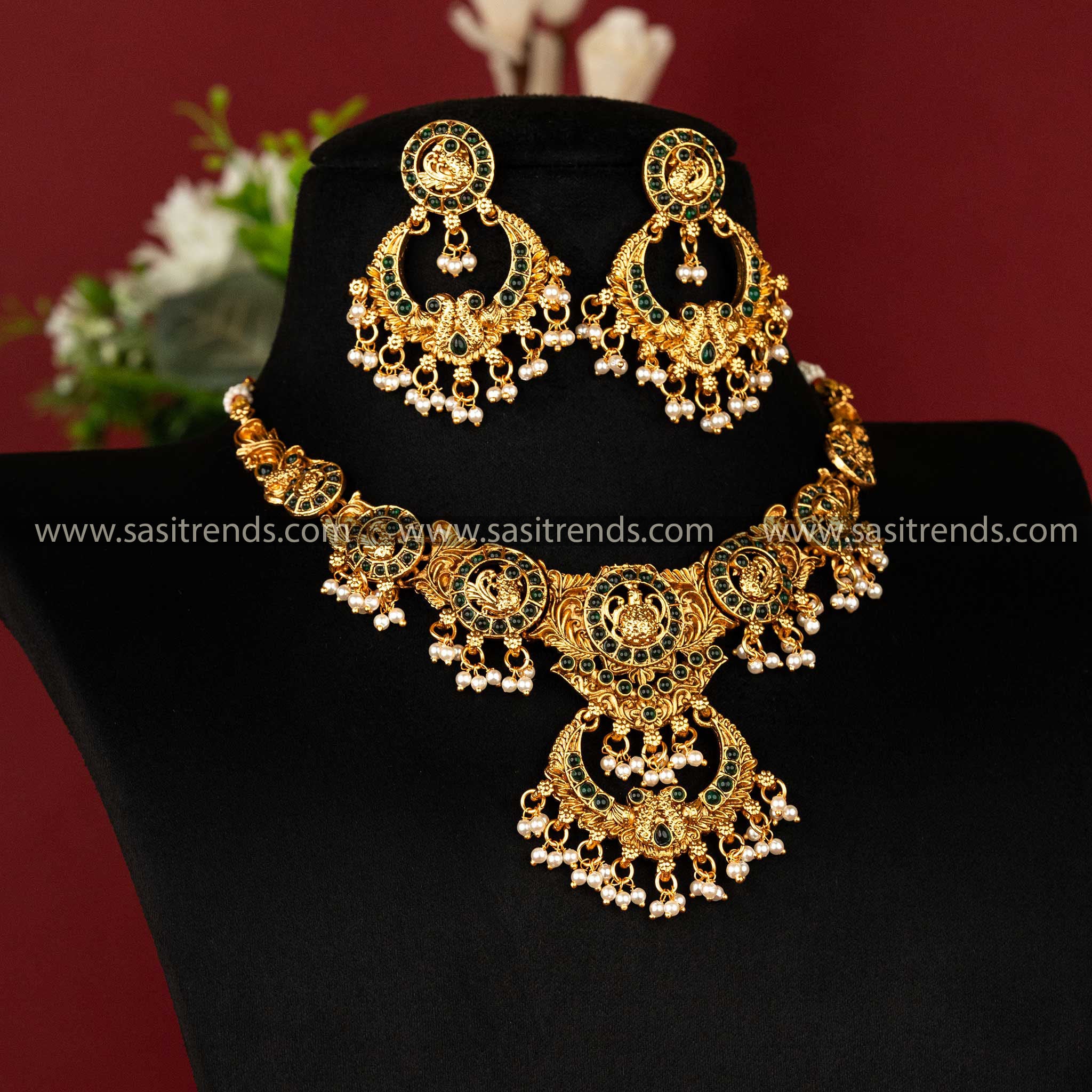 Green Peacock Temple Jewellery Set with Chandbali Pendant and Matching Earrings