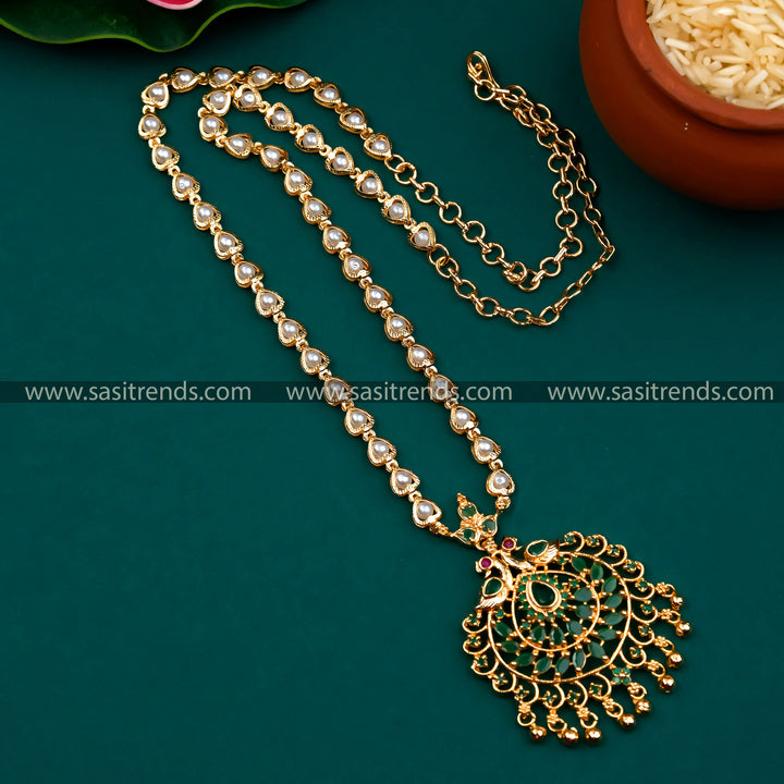 Exquisite Green-Ruby Stone Long Chain - Micro Gold Plated Peacock Pendant Pearl Necklace 