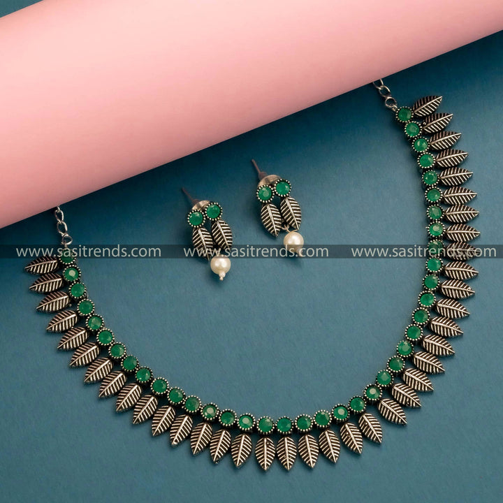 Stylish Oxidized German Silver Necklace with Green Stones and Leaf Patterns - Perfect Traditional Jewelry