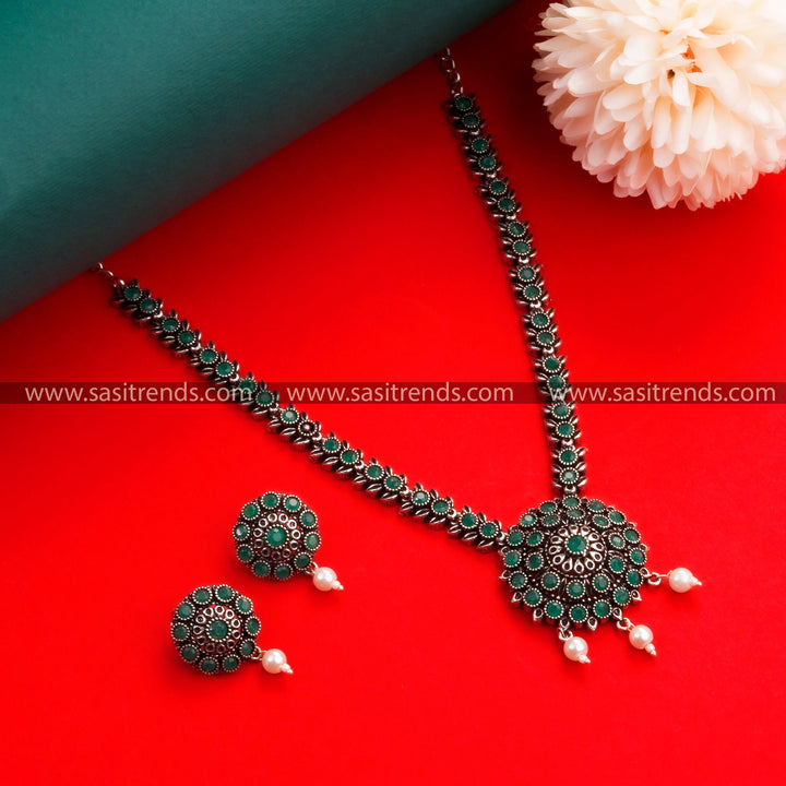 Navrathri Special Oxidised German Silver Floral Pendant Necklace with Earrings & Pearls for Women - Sasitrends