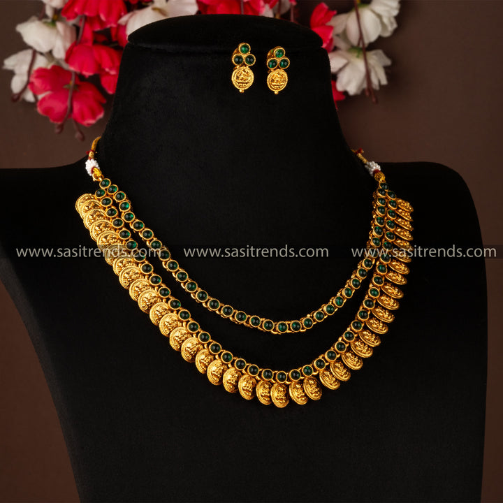 Green lakshmi Coin Matt Gold Two Line Jewellery Set