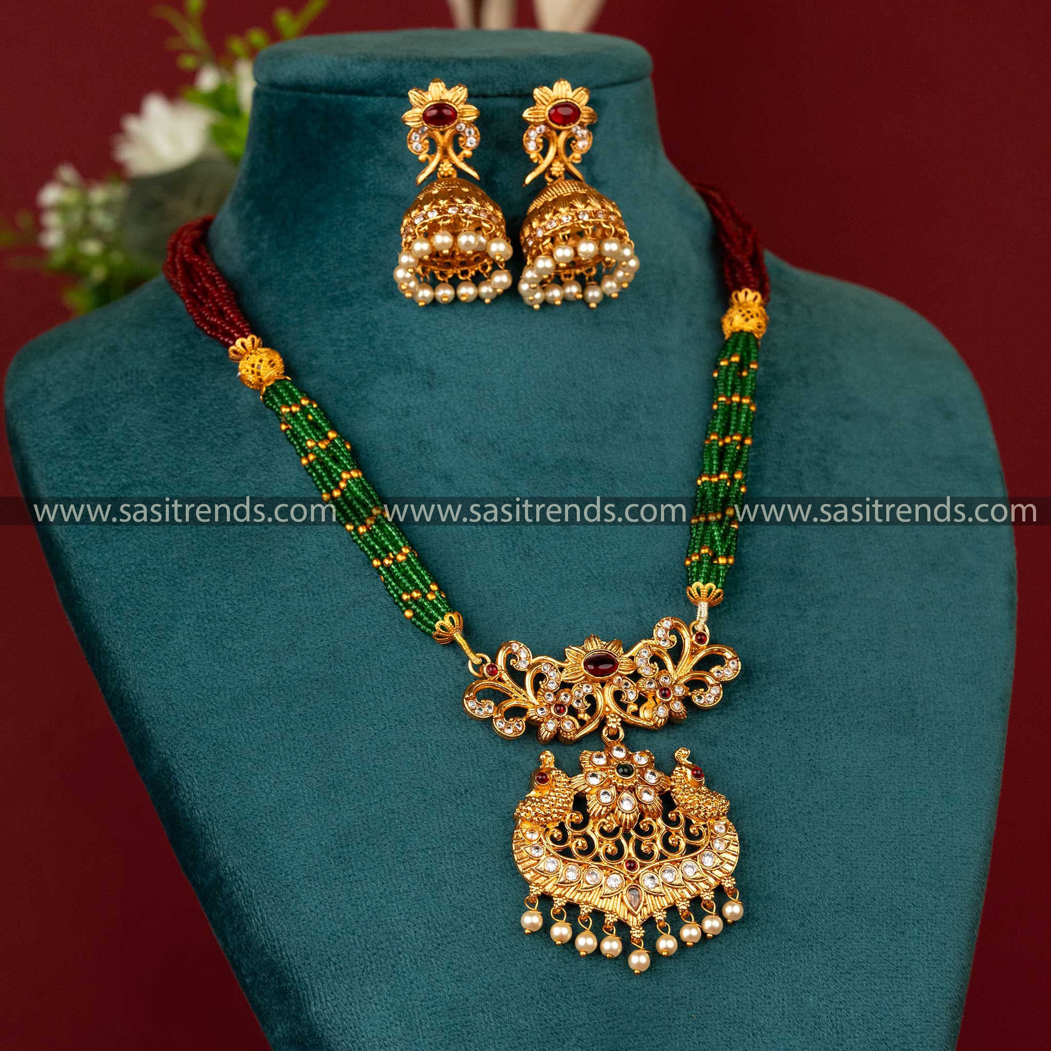 Sasitrends | Classic Matte Gold-Plated Beaded Jewellery Set with Multi-Color Stone Peacock Pendant - Sasitrends