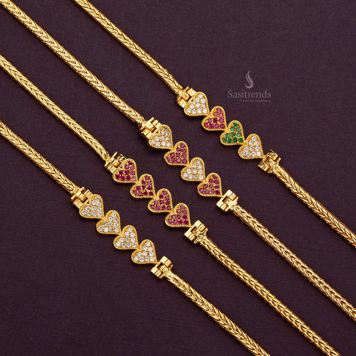 Guaranteed One Gram Micro Gold Plated Four Adorable Heart AD Stone Mugappu Chain - Sasitrends