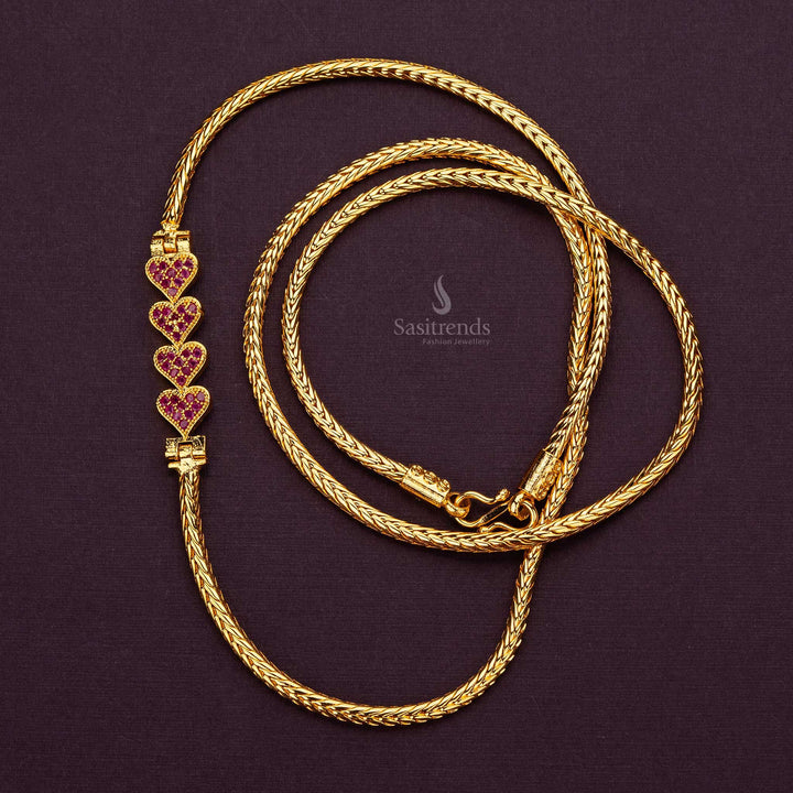 Micro gold plated mugappu chain with 4 Ruby heart-shaped AD stones, ideal for gifting - Sasitrends