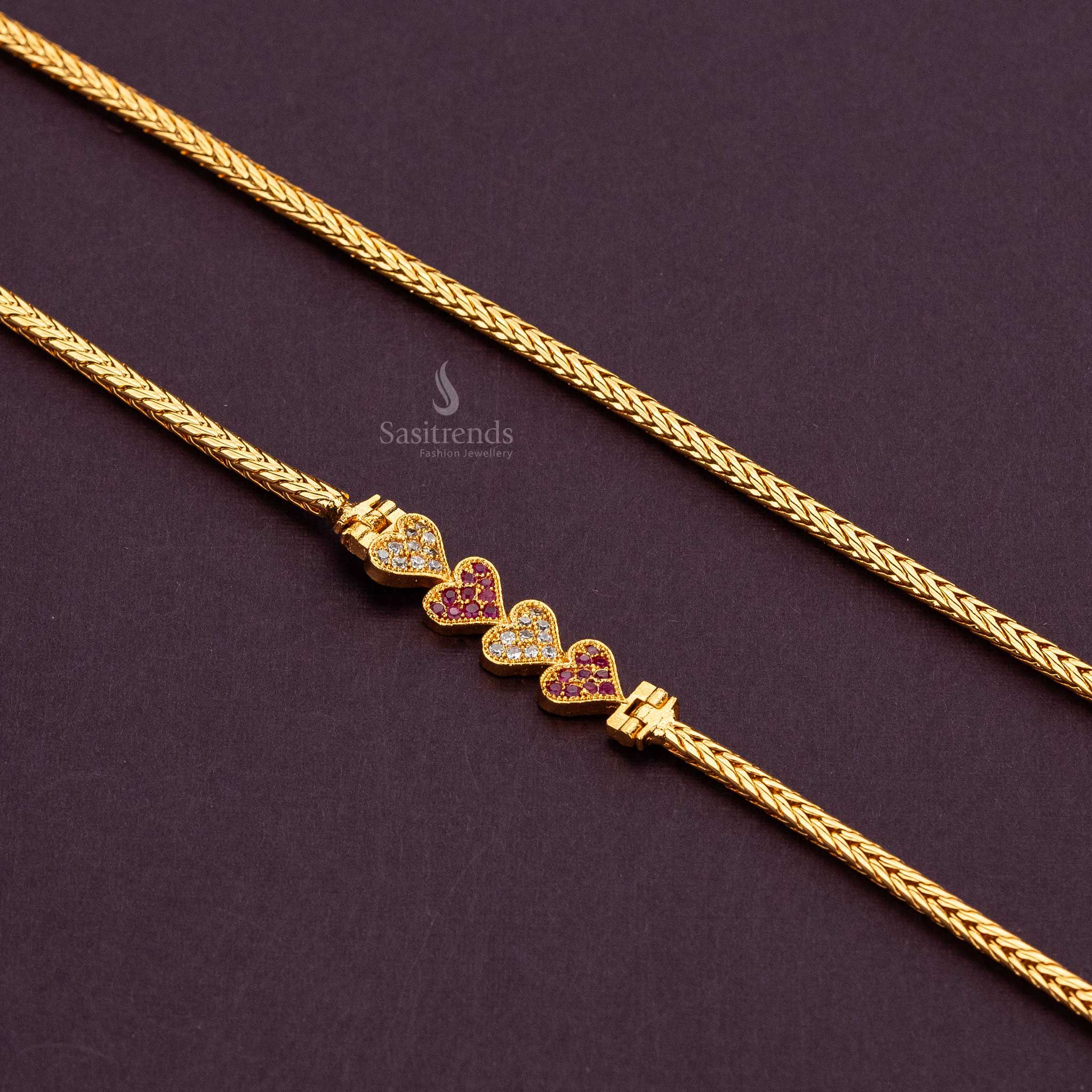 White and Ruby AD stone heart motifs in gold plated mugappu chain for silk sarees - Sasitrends