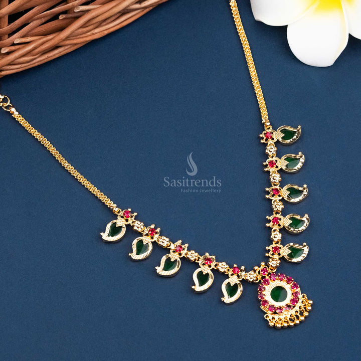 Luxurious Five Petal Palaka Necklace with Green Stone Centerpiece - Kerala Gold Plated Necklace - - Sasitrends
