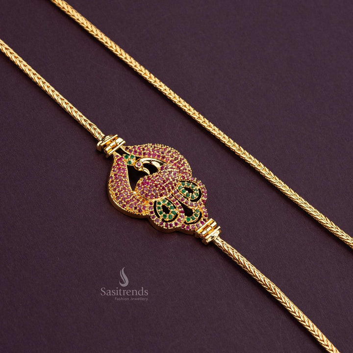 Ruby-Green AD stone Peacock Mugappu Chain in a micro gold plated finish, guaranteed for quality and durability - Sasitrends