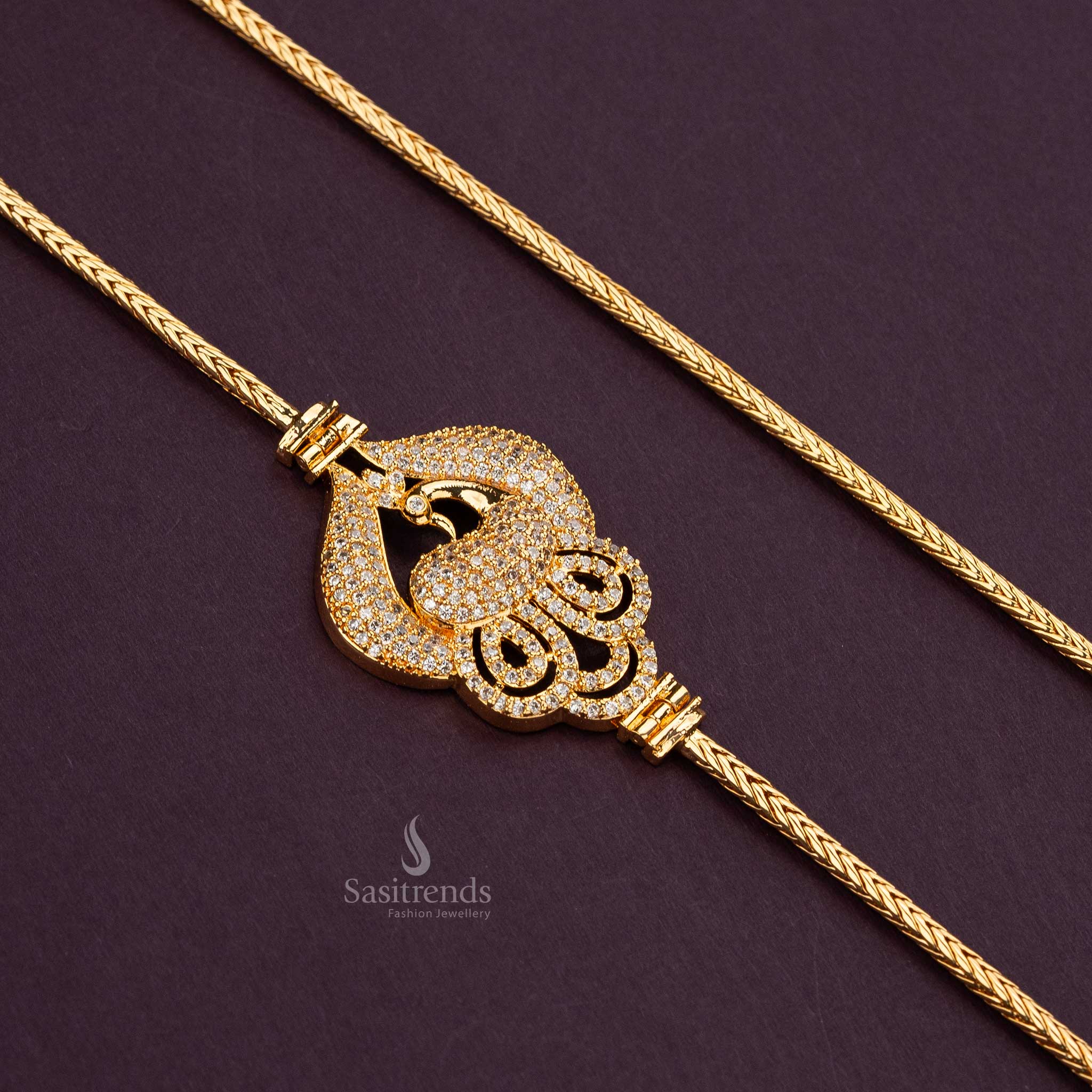 Intricate white AD stone studded Peacock Mugappu Chain, micro gold plated and guaranteed for long-lasting use - Sasitrends