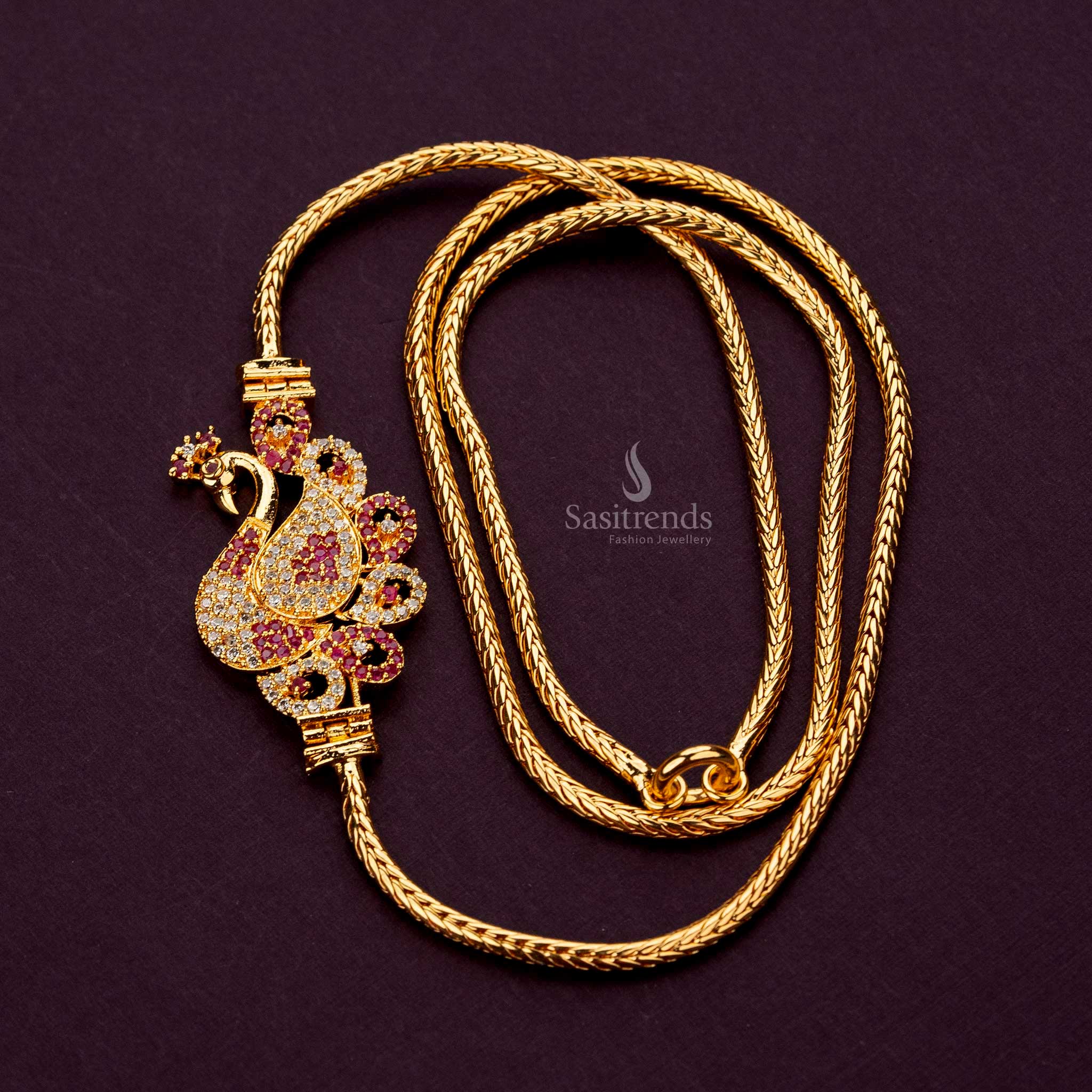 White and ruby AD stone mugappu chain featuring a peacock design and a flexible chain for easy styling - Sasitrends





