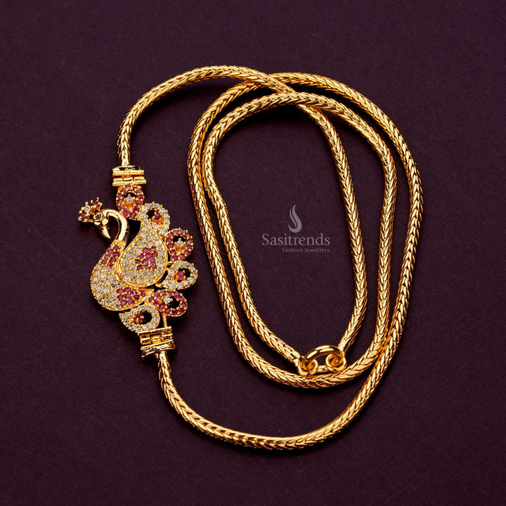 Guaranteed One Gram Micro Gold Plated  AD Stone Studded Peacock Mugappu Chain – Real Gold Look - Sasitrends