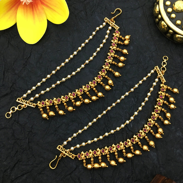 Triple-Layer Pearl Temple Matte Gold Plated Matils Ear Chain with Peacock Motif | Sasitrends