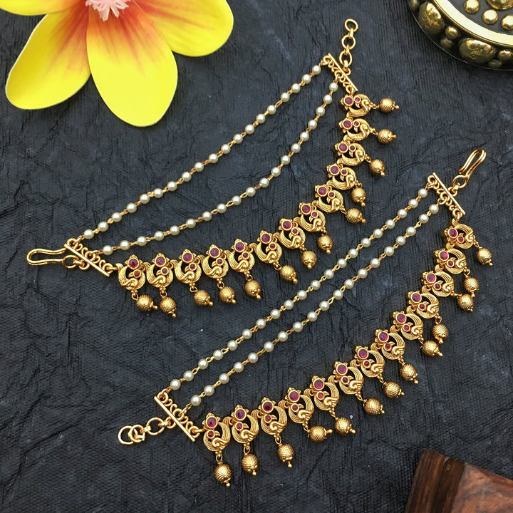 Charming Temple Matte Gold Plated Matils Ear Chain - Triple-Layer Pearl & Peacock Design!