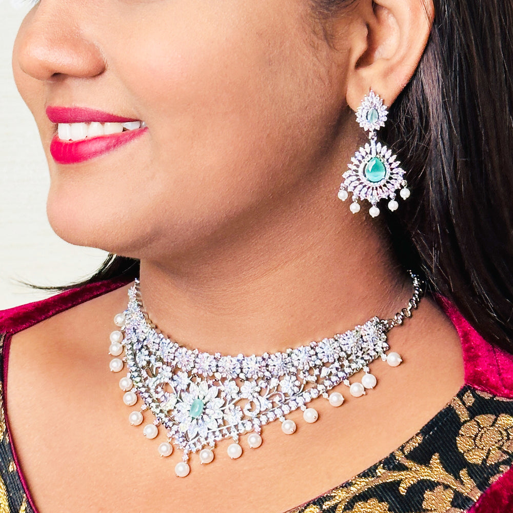 Stunning Rhodium Silver Plated Wedding Choker Necklace Set with Mint Stones, American Diamonds, and Pearl Drops