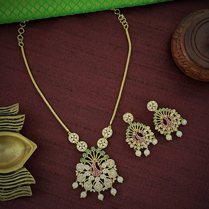 Trendy Party Wear Temple Matte Gold Plated Peacock AD Jewellery Set for Women | Sasitrends