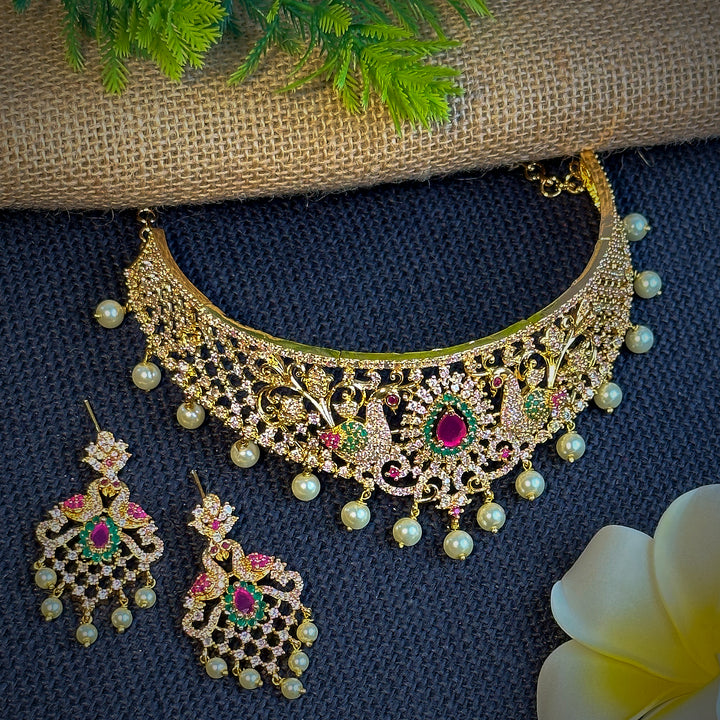 Trendy Micro Gold Plated Peacock Motif Bridal Choker Necklace Set with American Diamond Stones - Sasitrends