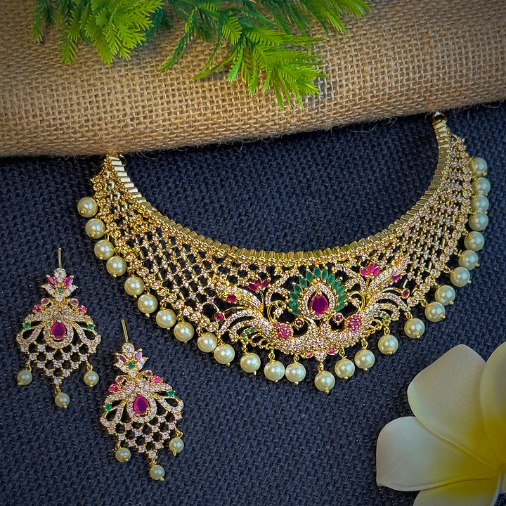 Trendy Micro Gold Plated Peacock Motif Bridal Choker Necklace Set with American Diamond Stones - Sasitrends