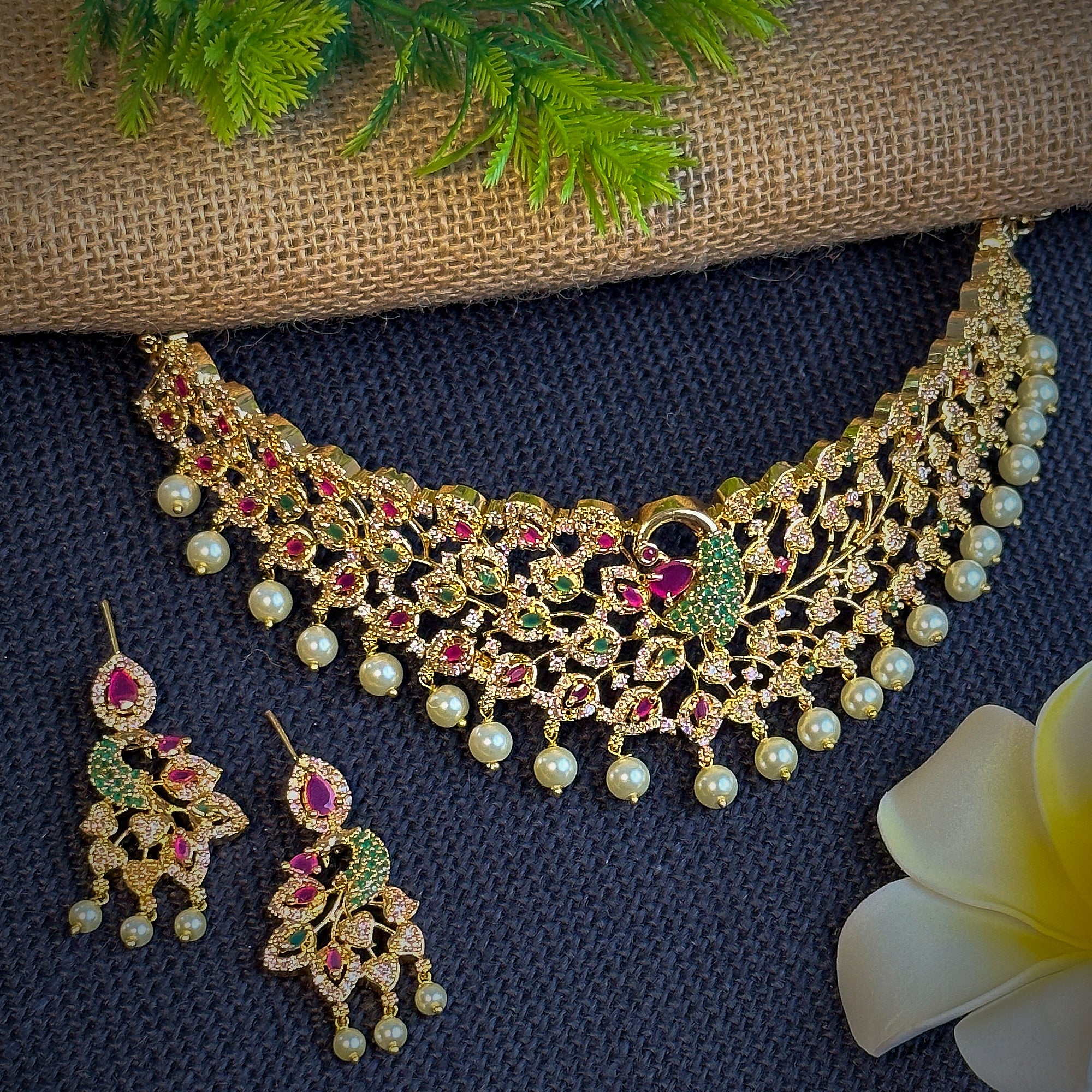 Trendy Micro Gold Plated Peacock Motif Bridal Choker Necklace Set with American Diamond Stones - Sasitrends