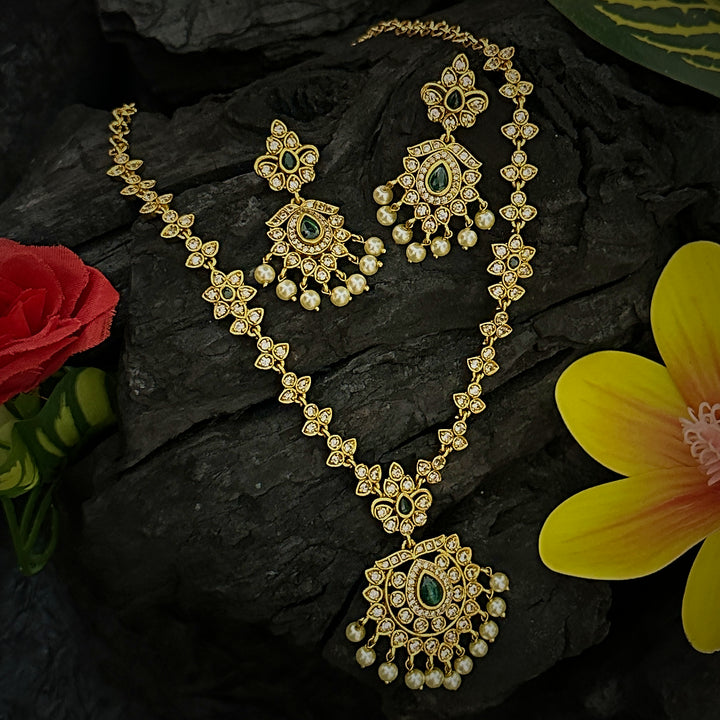 Charming Traditional Floral AD Necklace Set in Green Color with Lush Green Stones. Enhance Your Look for Traditional Festivals