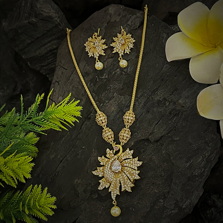 Charming Traditional Matte Gold Plated Peacock Pendant Necklace with White Stones. 