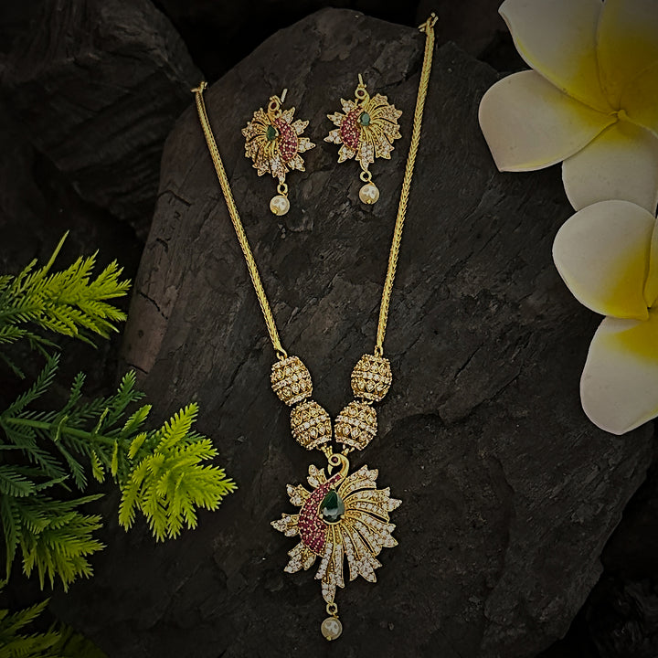 Stunning Traditional Matte Gold Plated Peacock Pendant Necklace with Multi-Color Stones. 