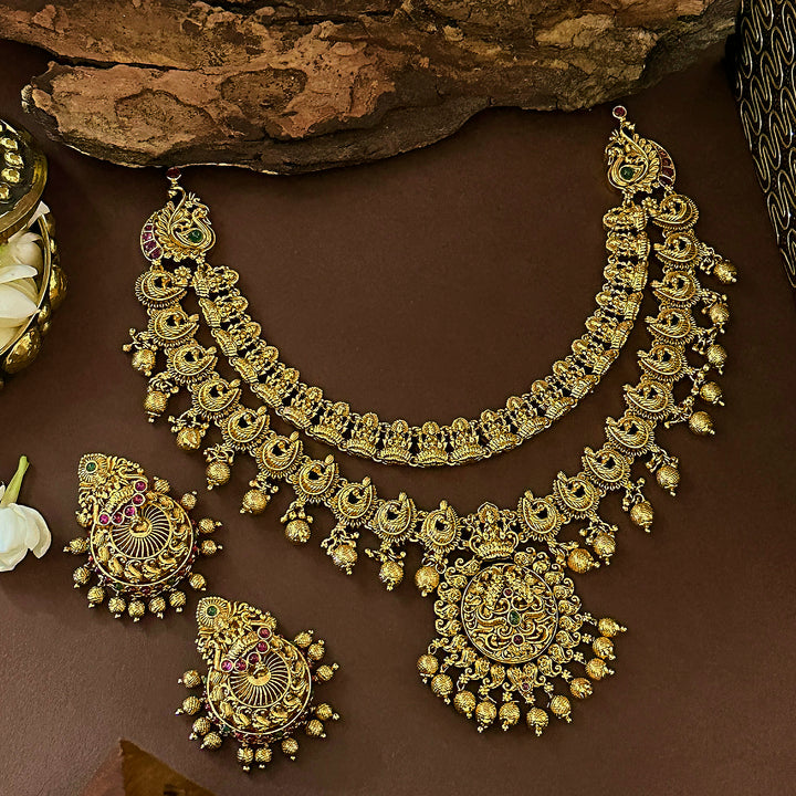 Traditional Grand Bridal Lakshmi and Peacock Jewellery Set - Matte Gold Plated Jewellery for Women | Sasitrends