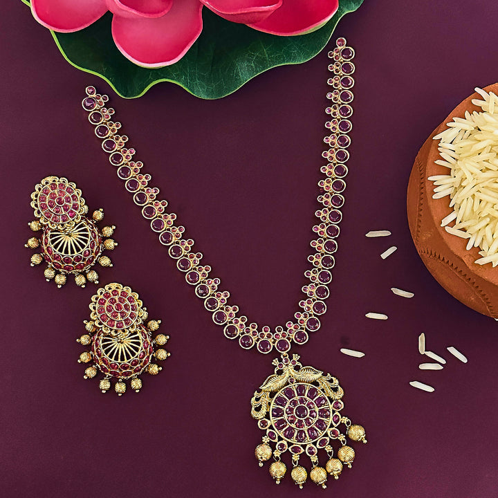 Traditional Floral Peacock Pendant Jewellery Set - Temple Matte Gold Plated for Women | Sasitrends