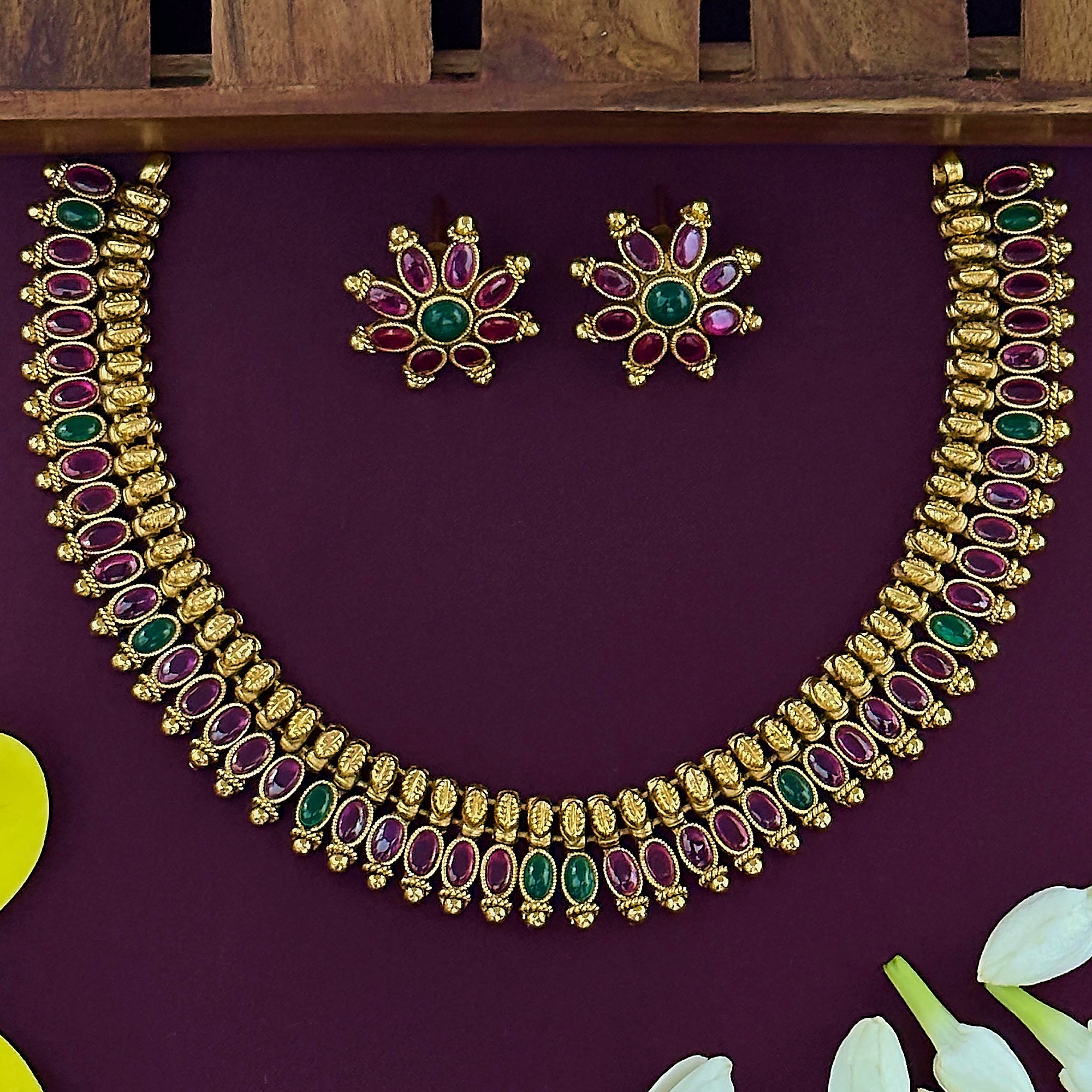 Temple Gold Finish Bridal Necklace with Ruby  Green Stones