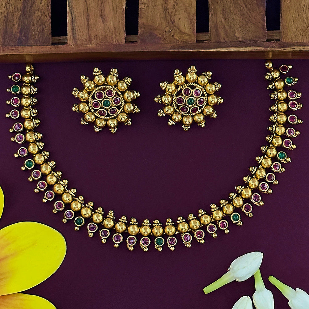 New Bridal Temple Gold Finish Necklace Set with Green Ruby Stones