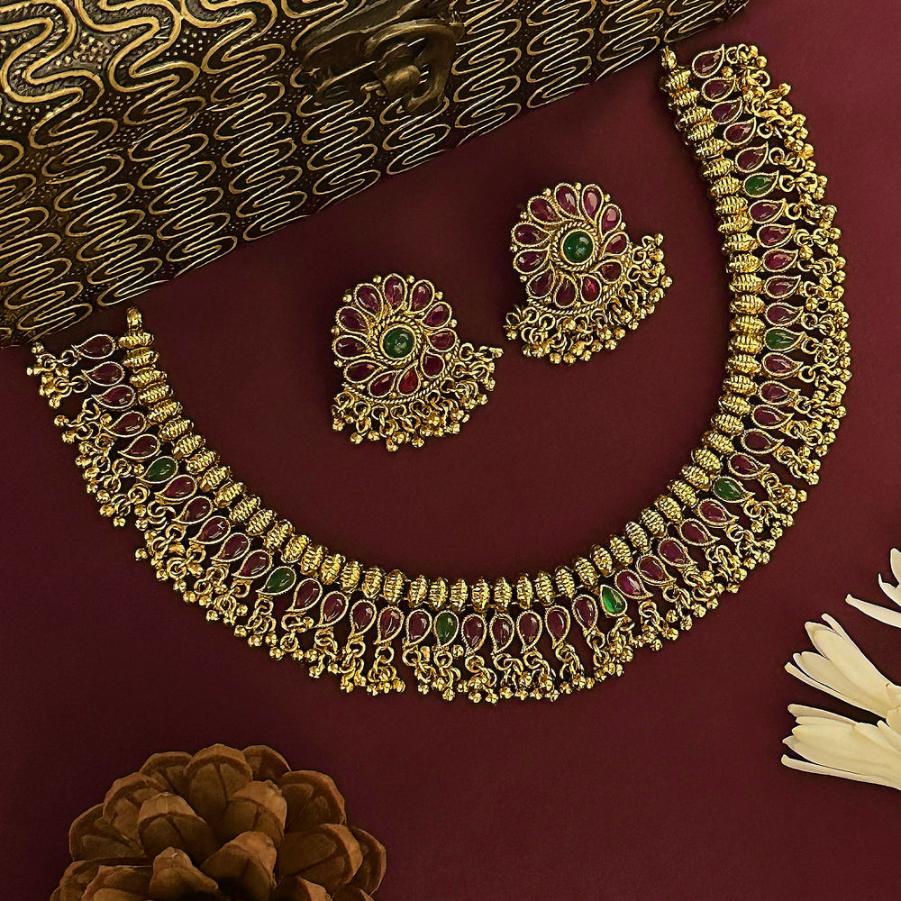 Bridal Temple Gold Necklace Set with American Diamond Stones & Earrings