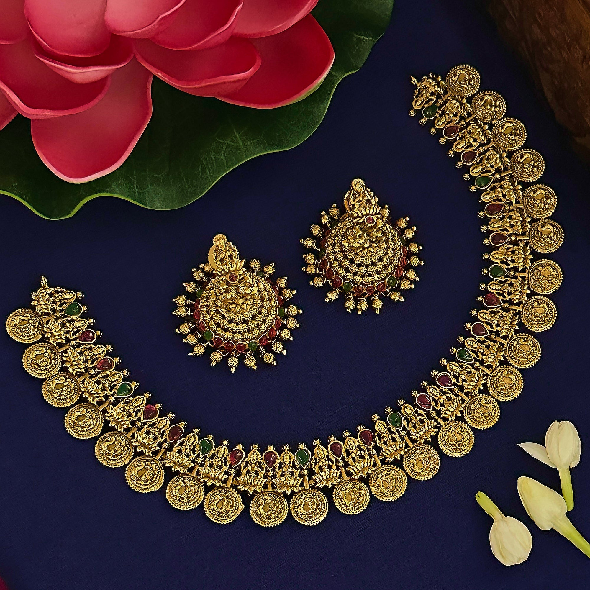 Ruby Green Lakshmi And Peacock Bridal Short Necklace Set - New Traditional Jewellery