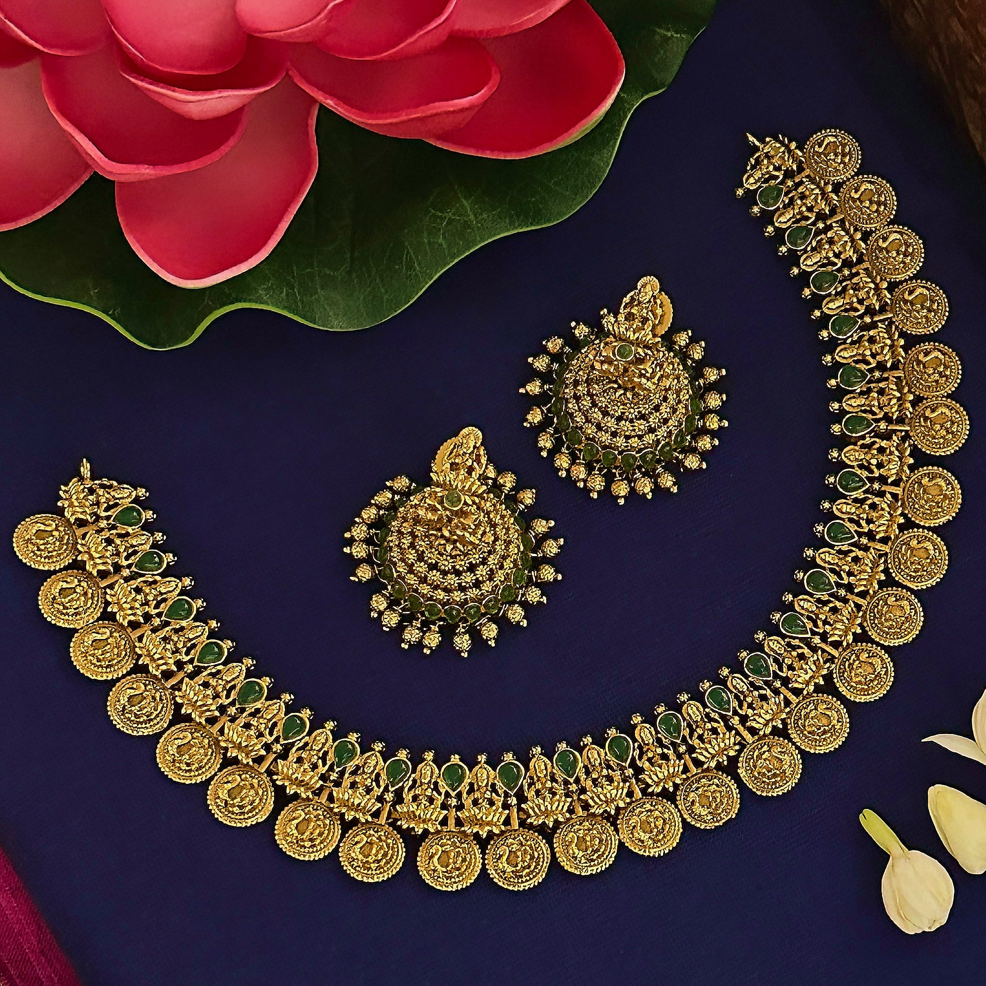 Lakshmi And Peacock Coin Bridal Short Necklace Set - Latest Traditional Jewellery