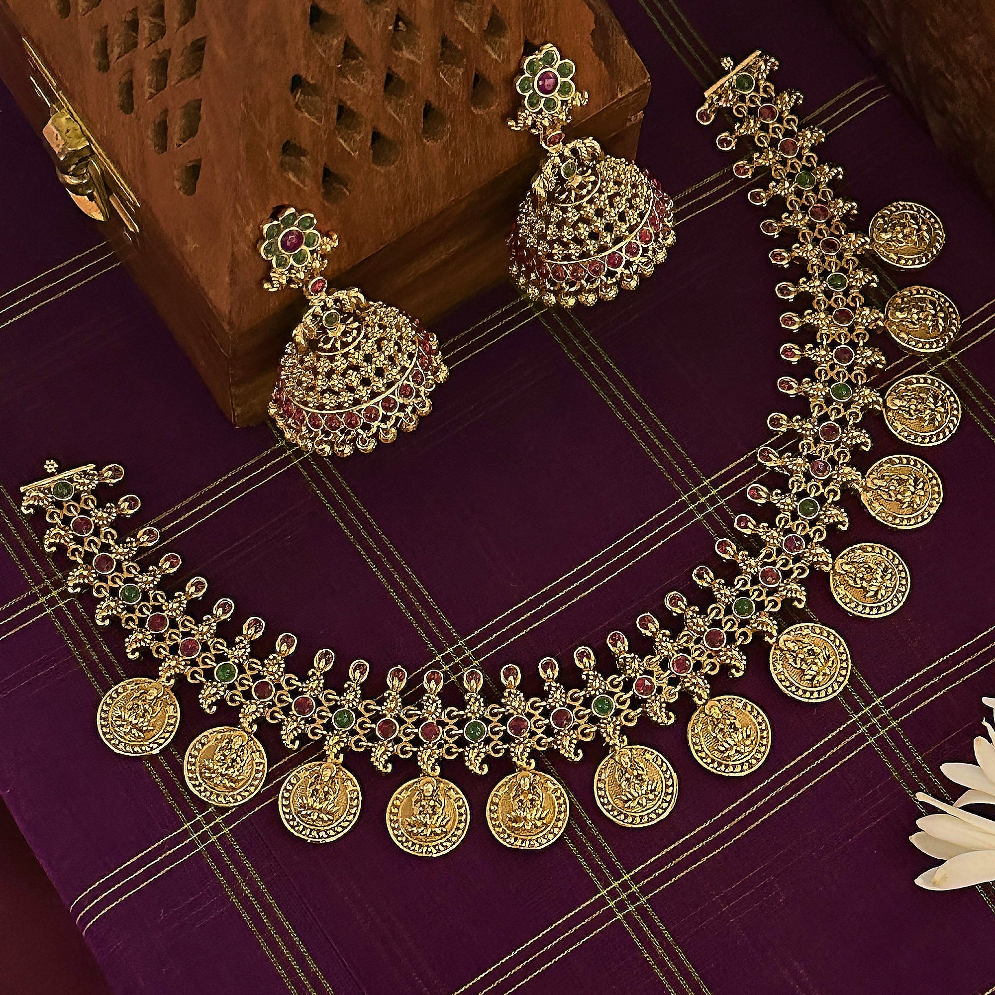 Elegant Short Bridal Necklace Set with Ruby Green Stones - Radiate Glamour!